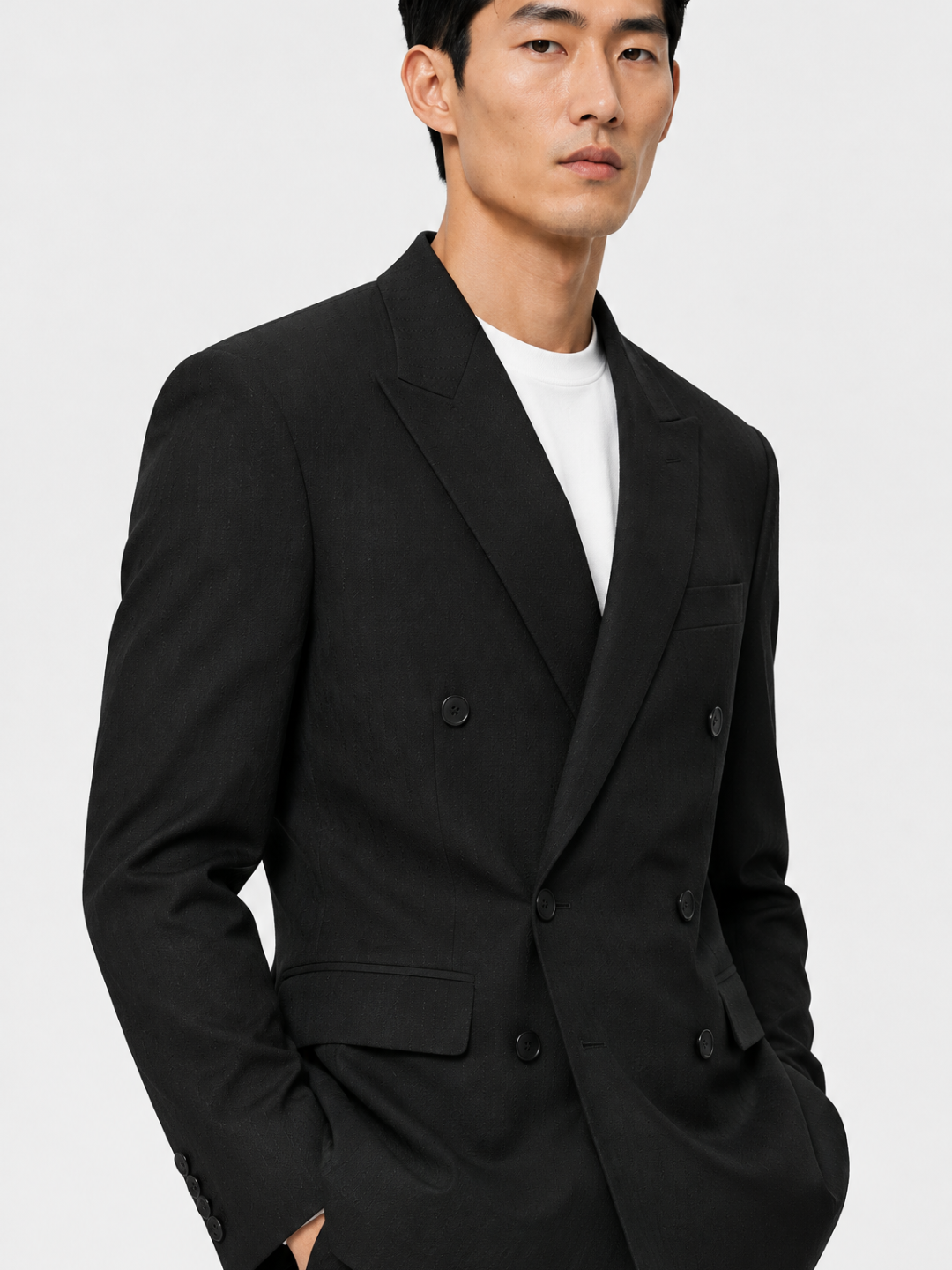 Dark Olive Striped Slim Fit Lapel Collar Double Breasted Causal Blazer