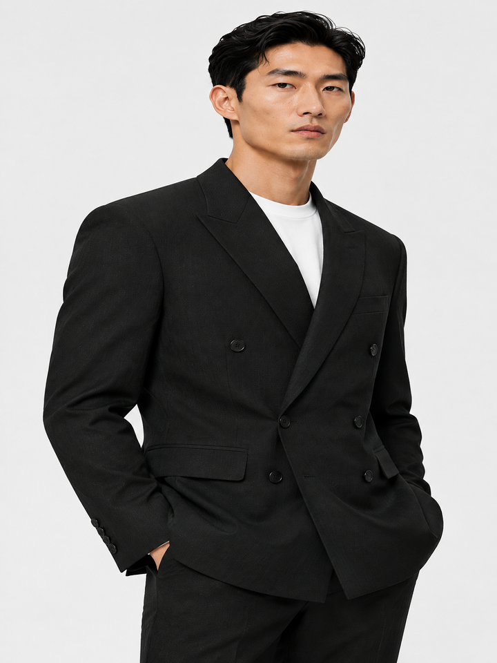 Dark Olive Striped Slim Fit Lapel Collar Double Breasted Causal Blazer