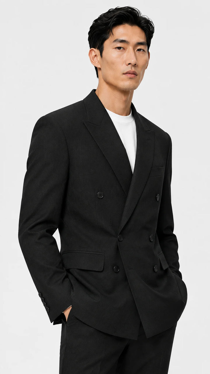 Dark Olive Striped Slim Fit Lapel Collar Double Breasted Causal Blazer