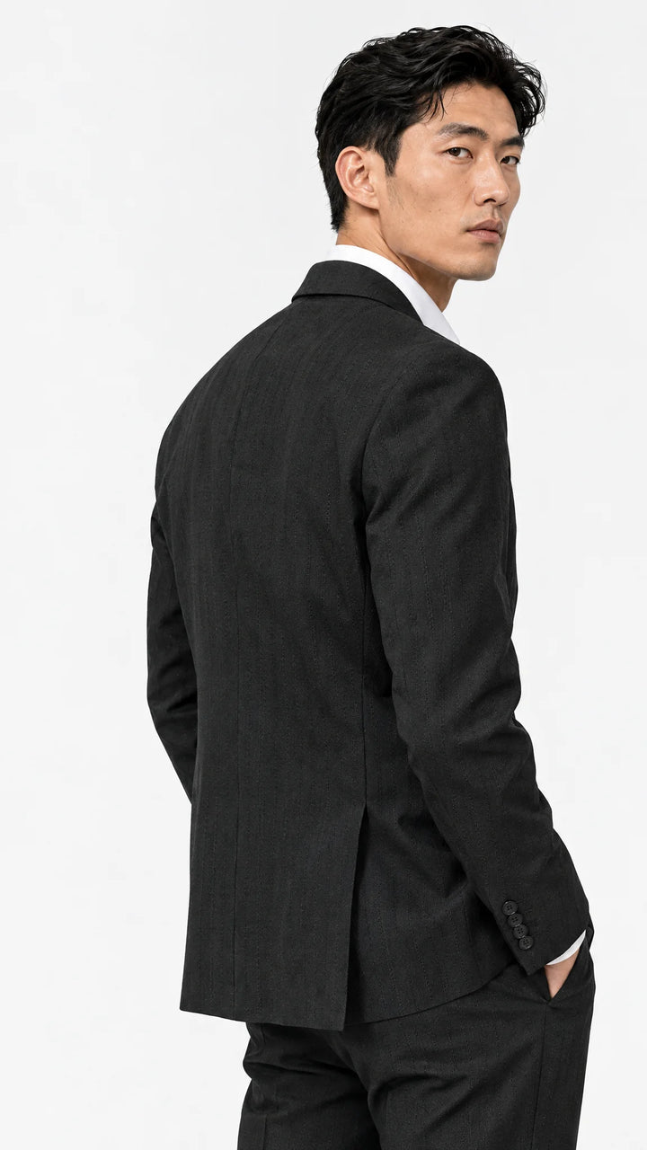 Dark Olive Striped Slim Fit Lapel Collar Double Breasted Causal Blazer