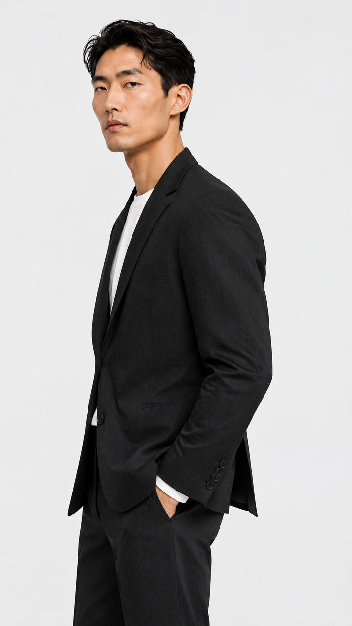 Dark Olive Striped Slim Fit Lapel Collar Double Breasted Causal Blazer