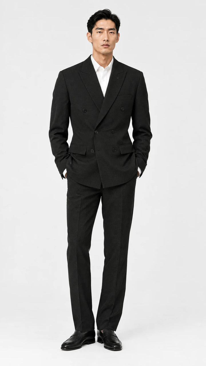 Dark Olive Striped Slim Fit Lapel Collar Double Breasted Causal Blazer