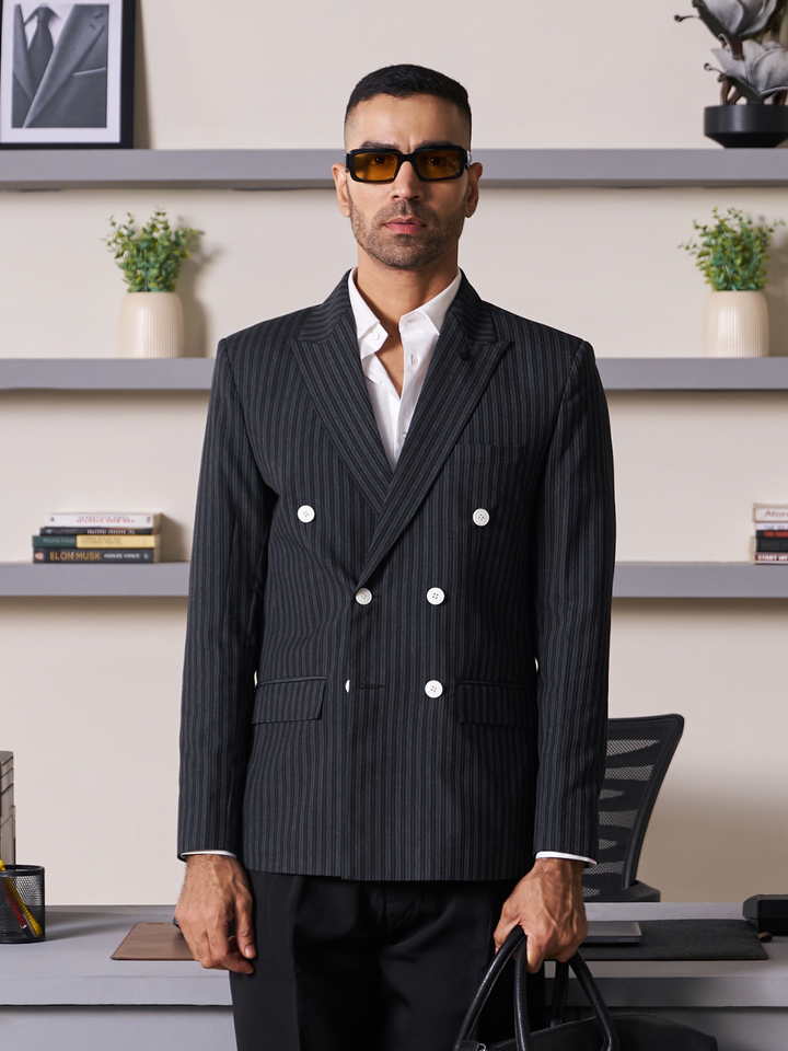Black Striped Slim Fit Lapel Collar Double Breasted Causal Blazer