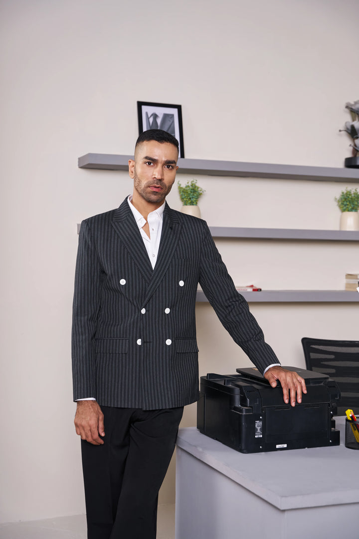 Black Striped Slim Fit Lapel Collar Double Breasted Causal Blazer