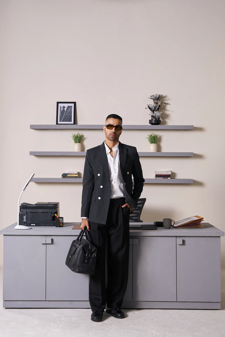 Black Striped Slim Fit Lapel Collar Double Breasted Causal Blazer