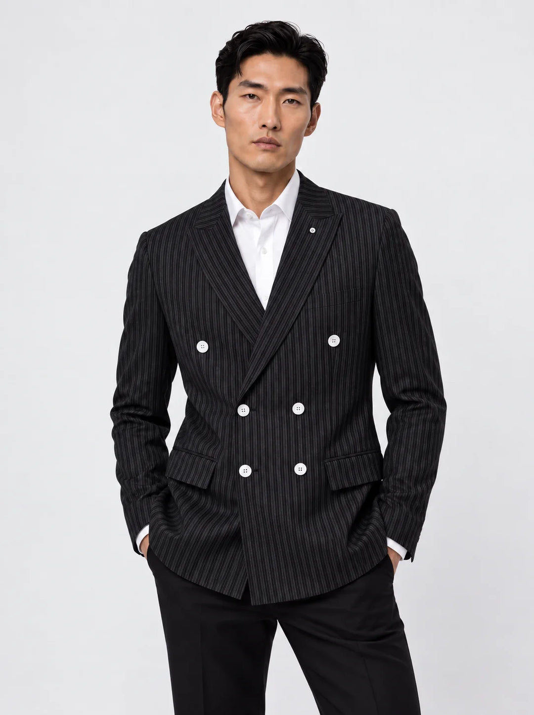 Black Striped Slim Fit Lapel Collar Double Breasted Causal Blazer