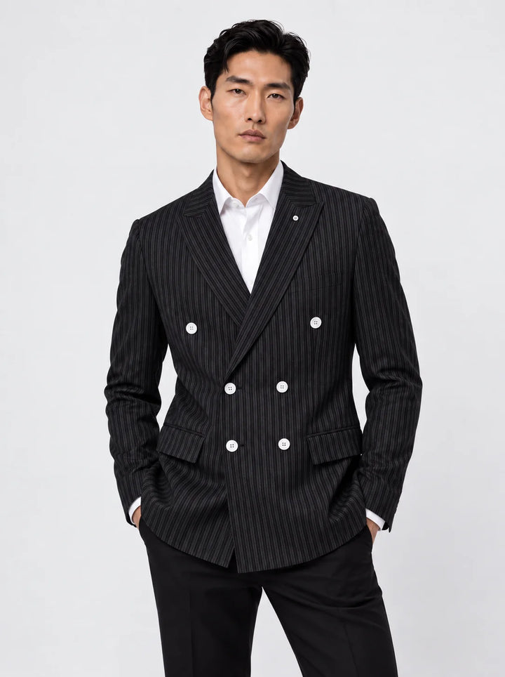 Black Striped Slim Fit Lapel Collar Double Breasted Causal Blazer