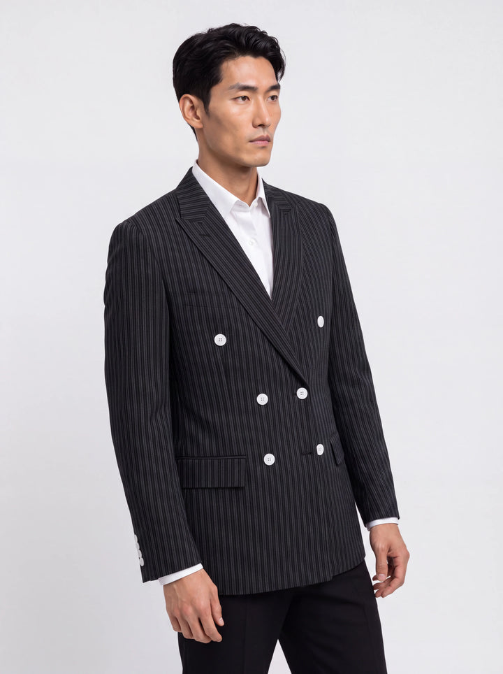 Black Striped Slim Fit Lapel Collar Double Breasted Causal Blazer