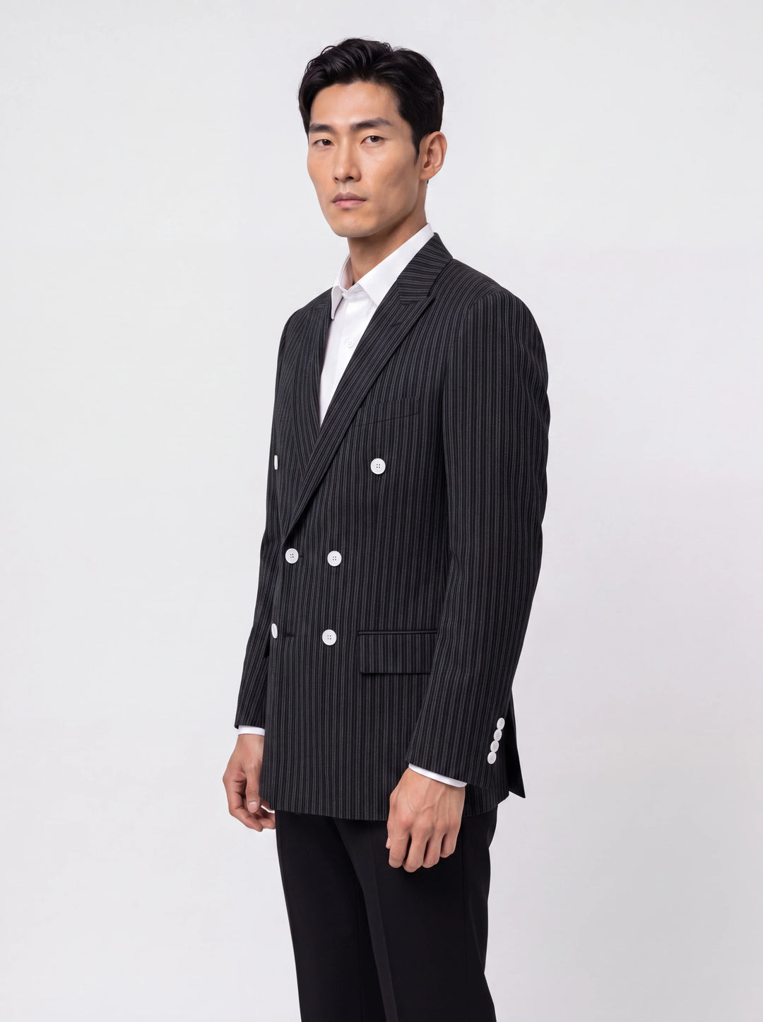 Black Striped Slim Fit Lapel Collar Double Breasted Causal Blazer
