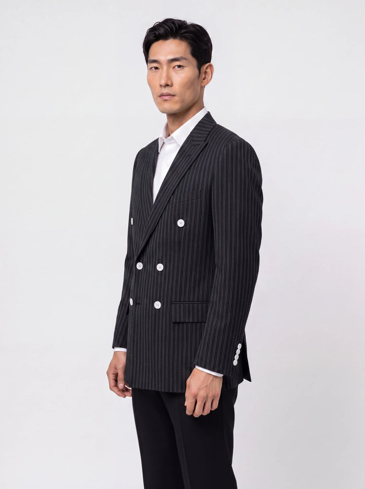 Black Striped Slim Fit Lapel Collar Double Breasted Causal Blazer