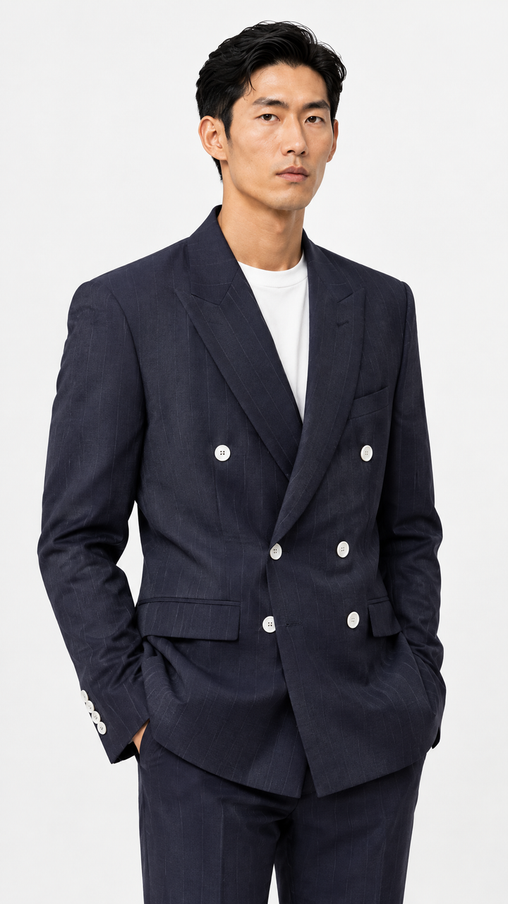 Navy Striped Slim Fit Lapel Collar Double Breasted Causal Blazer
