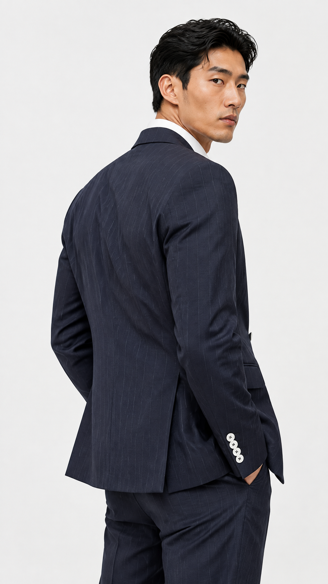 Navy Striped Slim Fit Lapel Collar Double Breasted Causal Blazer
