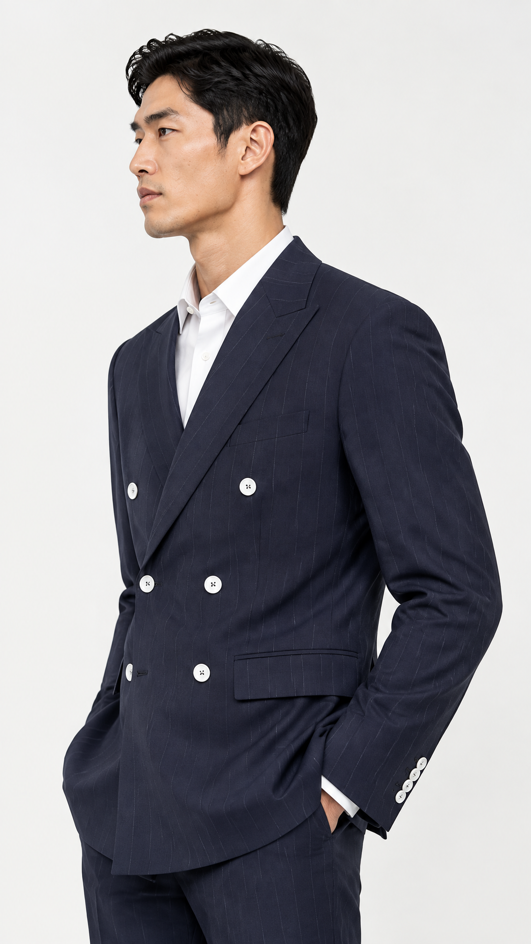 Navy Striped Slim Fit Lapel Collar Double Breasted Causal Blazer