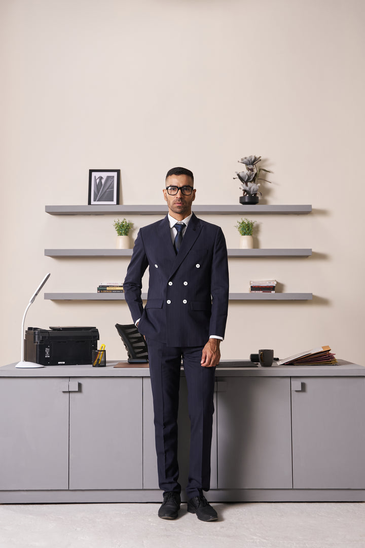 Navy Striped Slim Fit Lapel Collar Double Breasted Causal Blazer