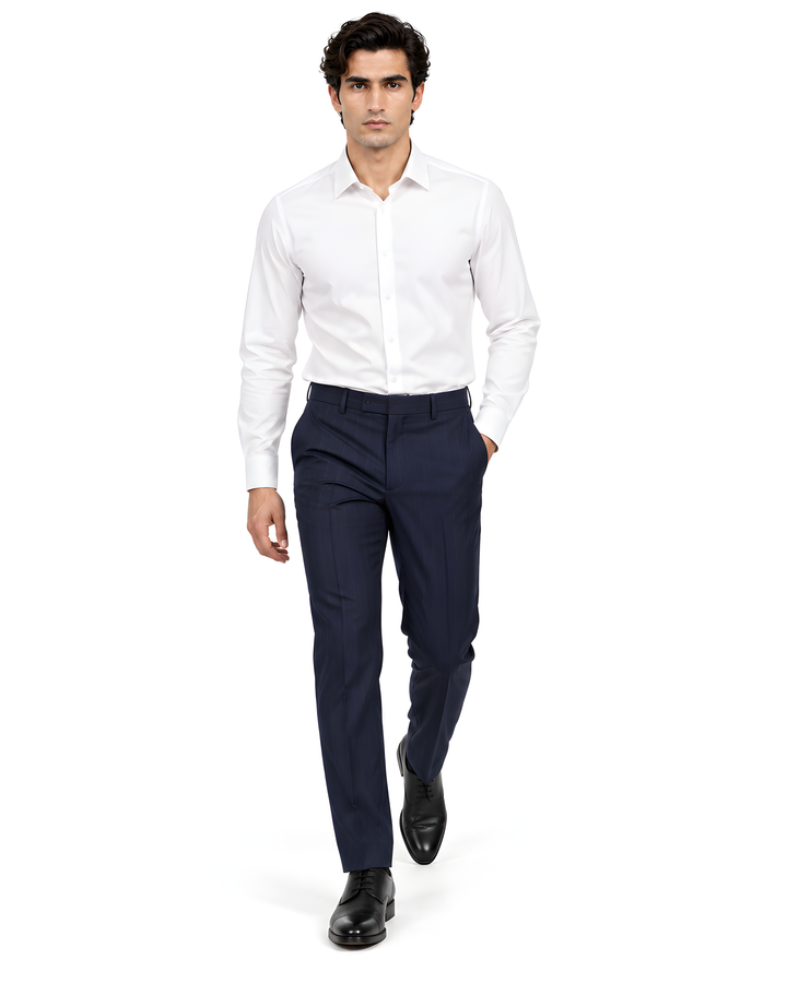 Navy Blue Slim Fit Striped  Formal Trouser