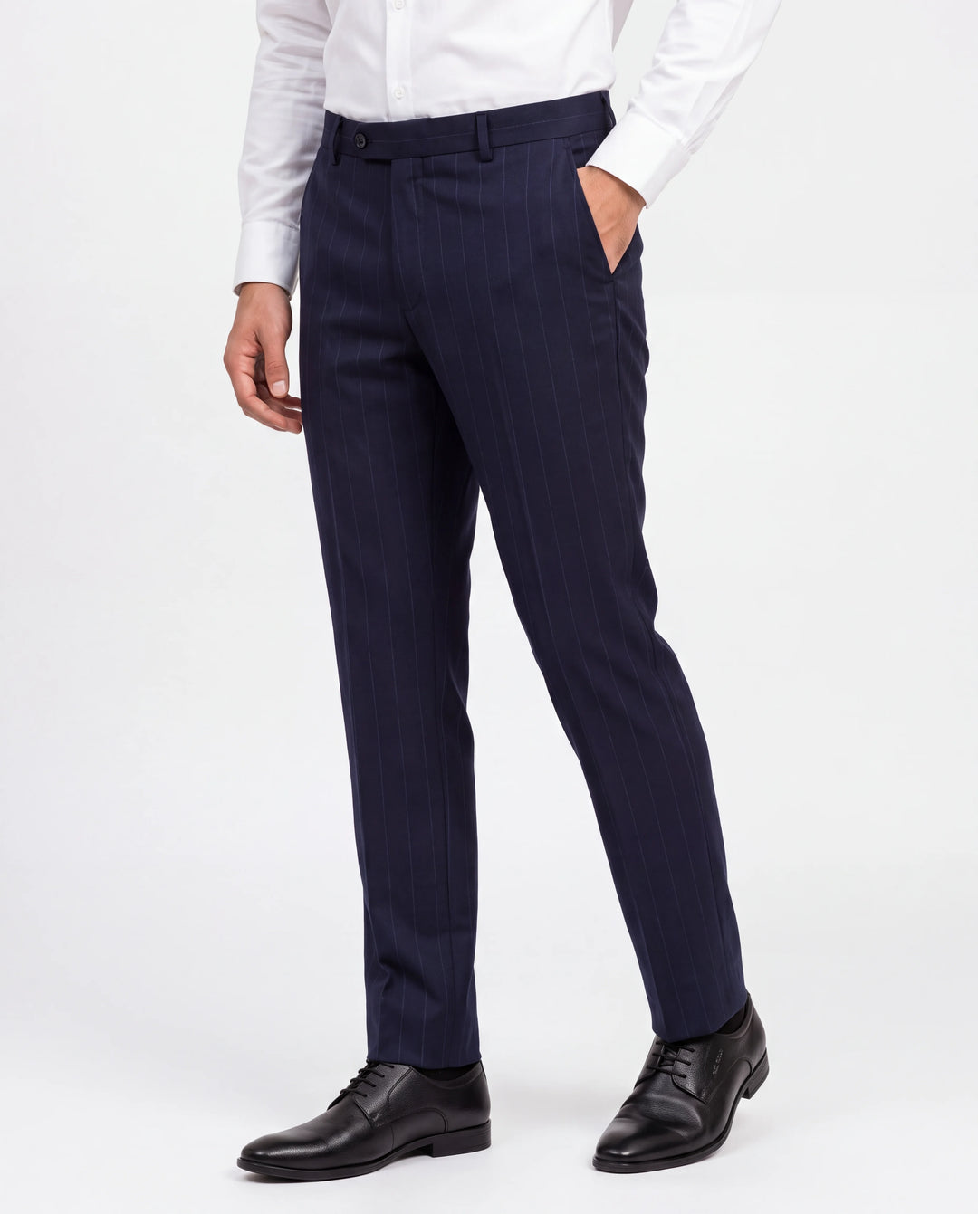 Navy Blue Slim Fit Striped  Formal Trouser