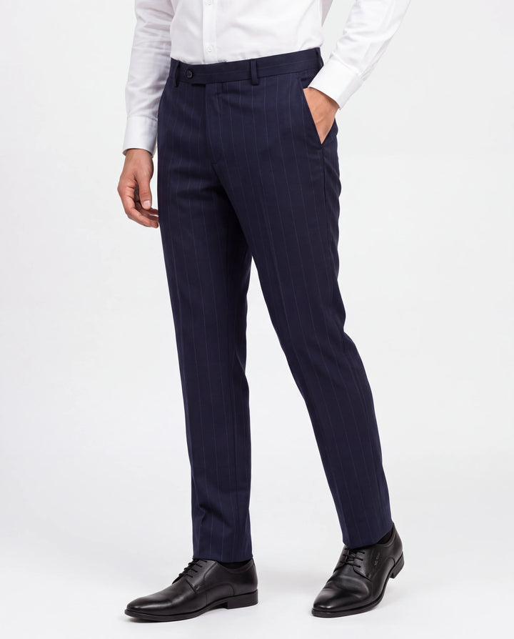 Navy Blue Slim Fit Striped  Formal Trouser
