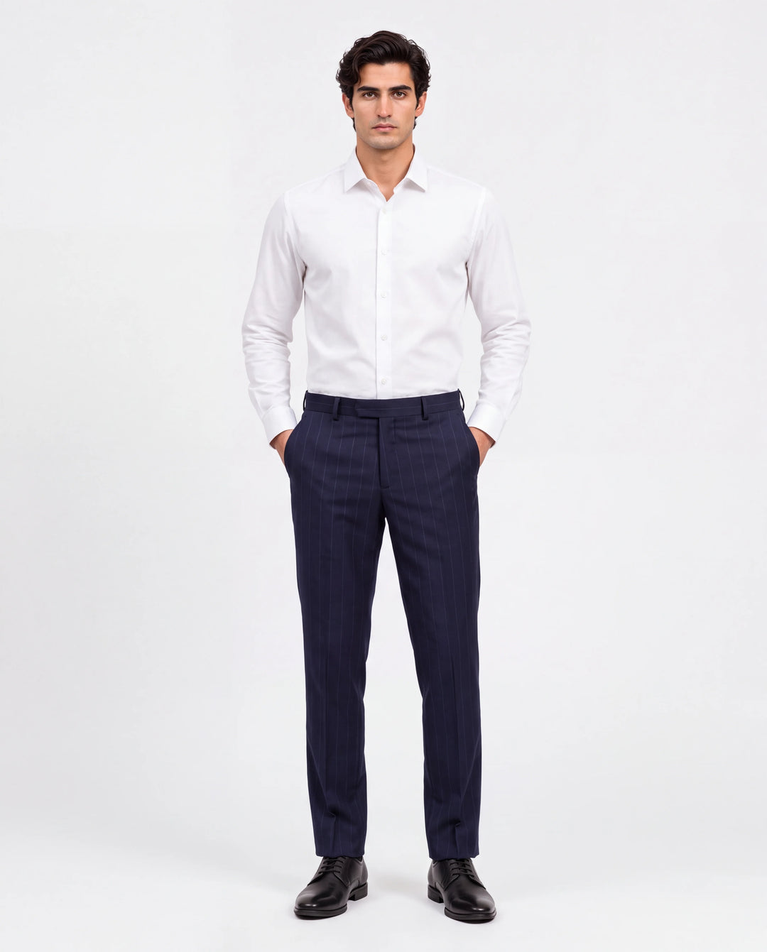 Navy Blue Slim Fit Striped  Formal Trouser