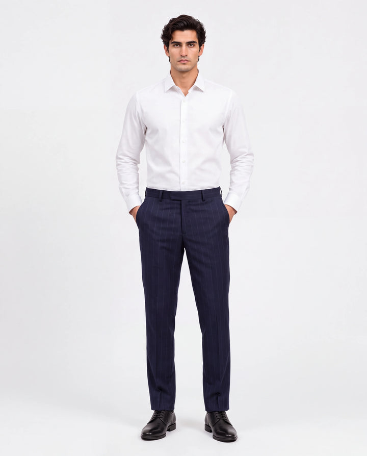 Navy Blue Slim Fit Striped  Formal Trouser