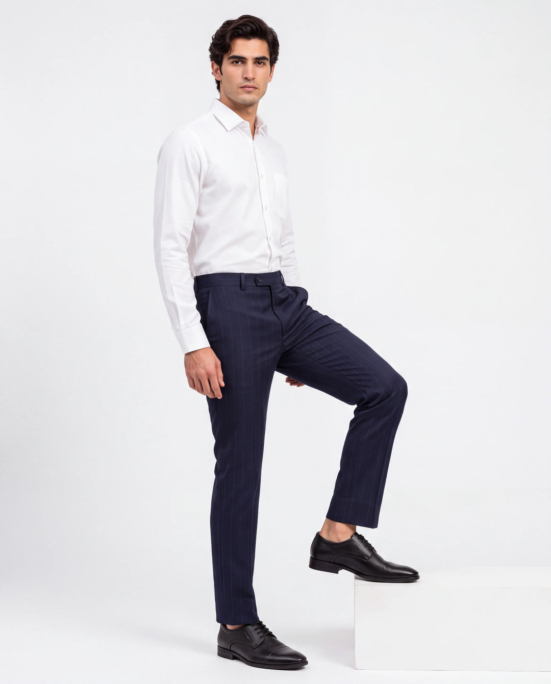 Navy Blue Slim Fit Striped  Formal Trouser