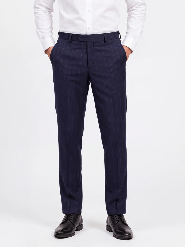Navy Blue Slim Fit Striped  Formal Trouser