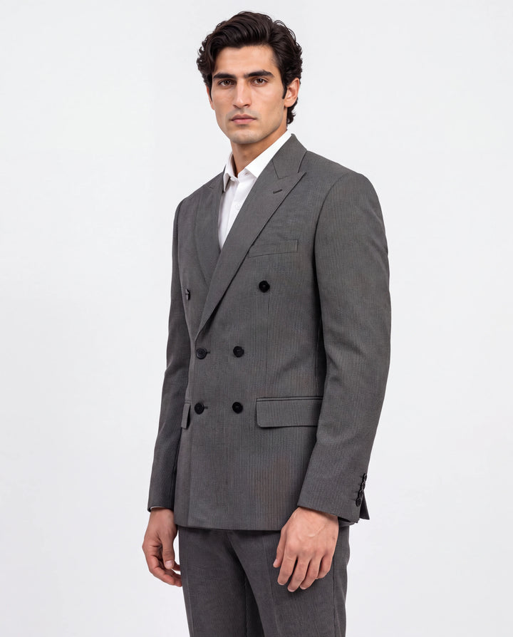 Brown Striped Slim Fit Lapel Collar Double Breasted Causal Blazer