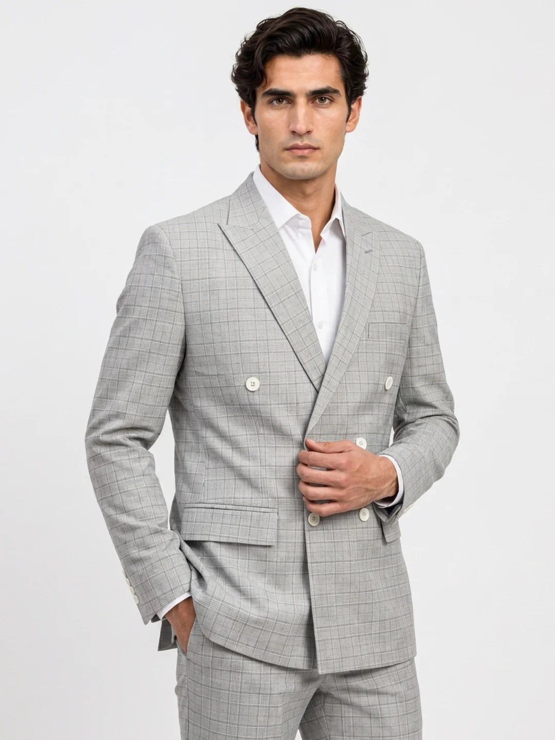 Grey Checked Slim Fit Lapel Collar Double Breasted Causal Blazer