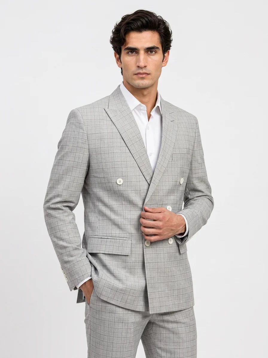 Grey Checked Slim Fit Lapel Collar Double Breasted Causal Blazer