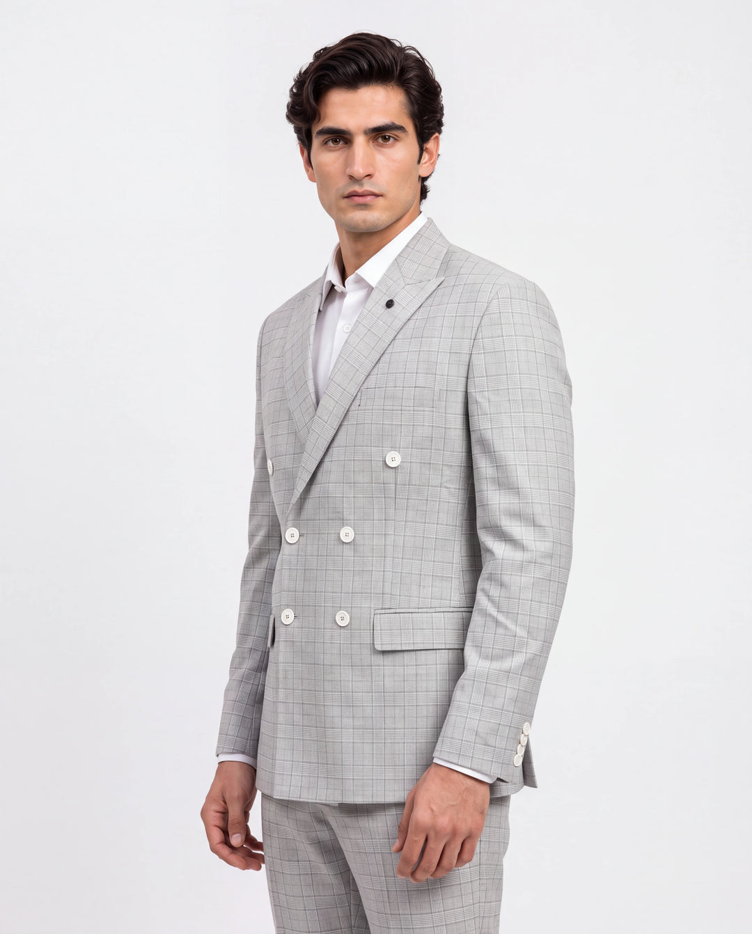 Grey Checked Slim Fit Lapel Collar Double Breasted Causal Blazer