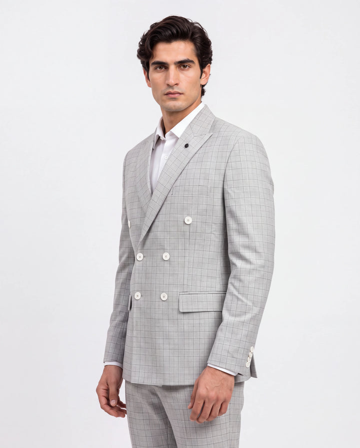 Grey Checked Slim Fit Lapel Collar Double Breasted Causal Blazer