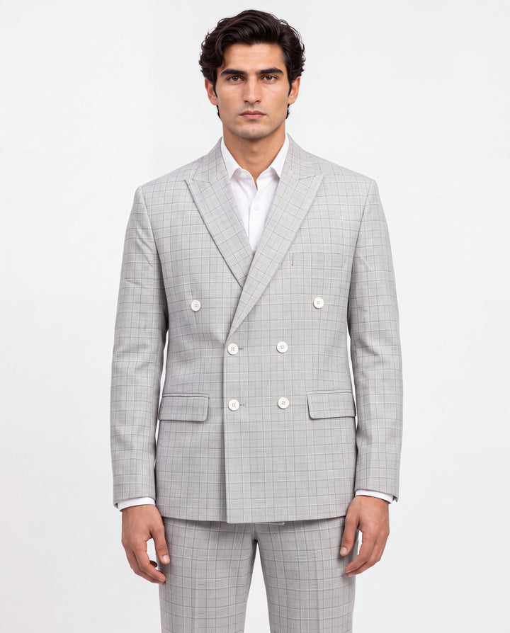 Grey Checked Slim Fit Lapel Collar Double Breasted Causal Blazer