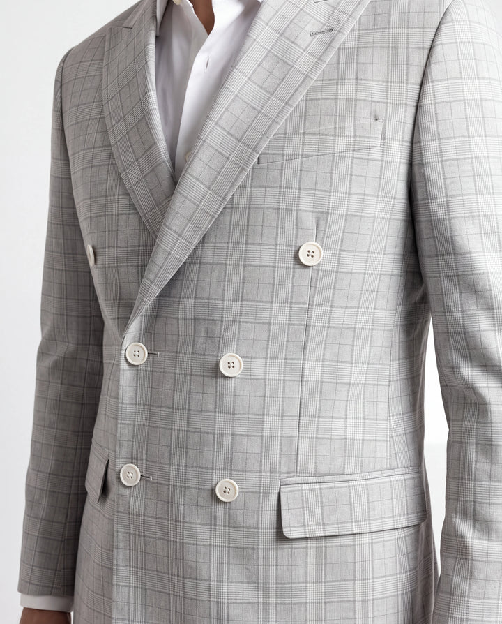 Grey Checked Slim Fit Lapel Collar Double Breasted Causal Blazer