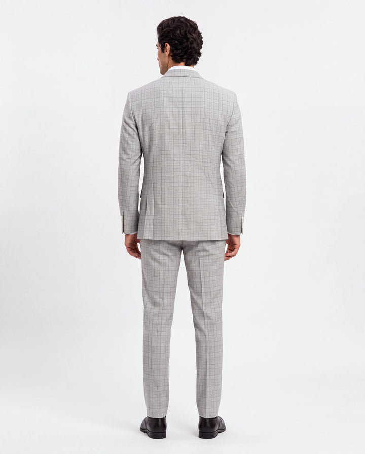 Grey Checked Slim Fit Lapel Collar Double Breasted Causal Blazer