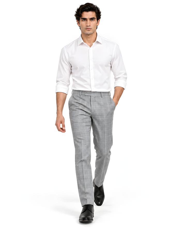 Grey Slim Fit Checkered  Formal Trouser