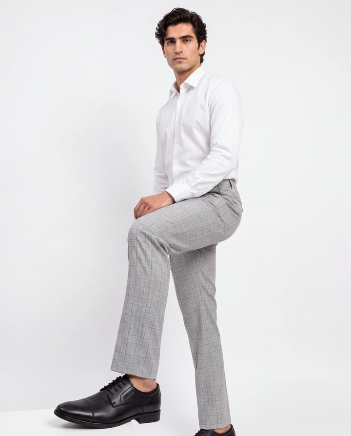 Grey Slim Fit Checkered  Formal Trouser
