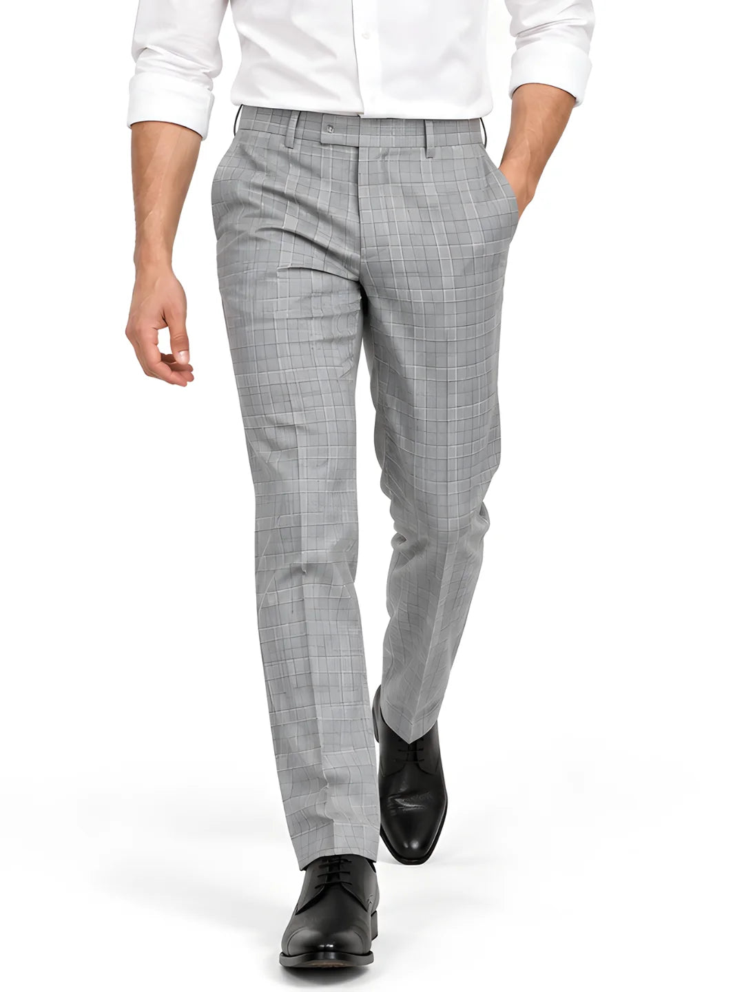 Grey Slim Fit Checkered  Formal Trouser