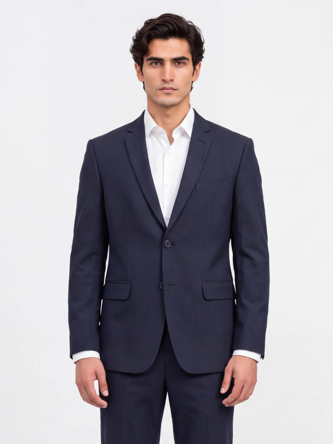 Navy Solid Slim Fit Lapel Collar Double Breasted Causal Blazer