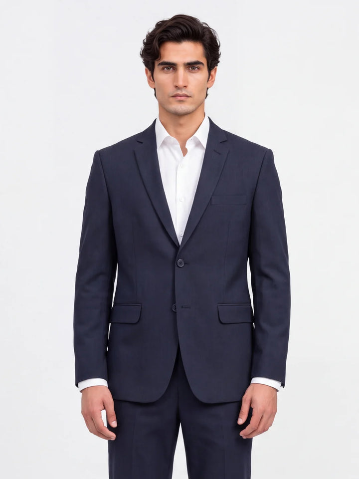 Navy Solid Slim Fit Lapel Collar Double Breasted Causal Blazer