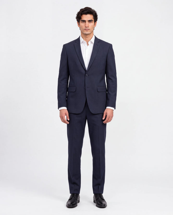 Navy Solid Slim Fit Lapel Collar Double Breasted Causal Blazer