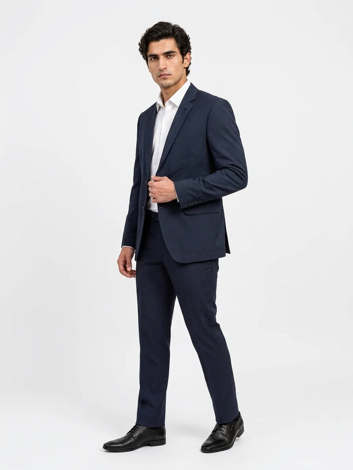 Navy Solid Slim Fit Lapel Collar Double Breasted Causal Blazer