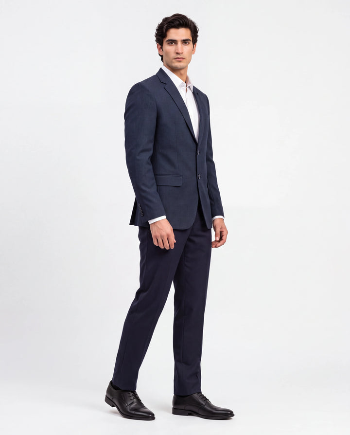 Navy Solid Slim Fit Lapel Collar Double Breasted Causal Blazer