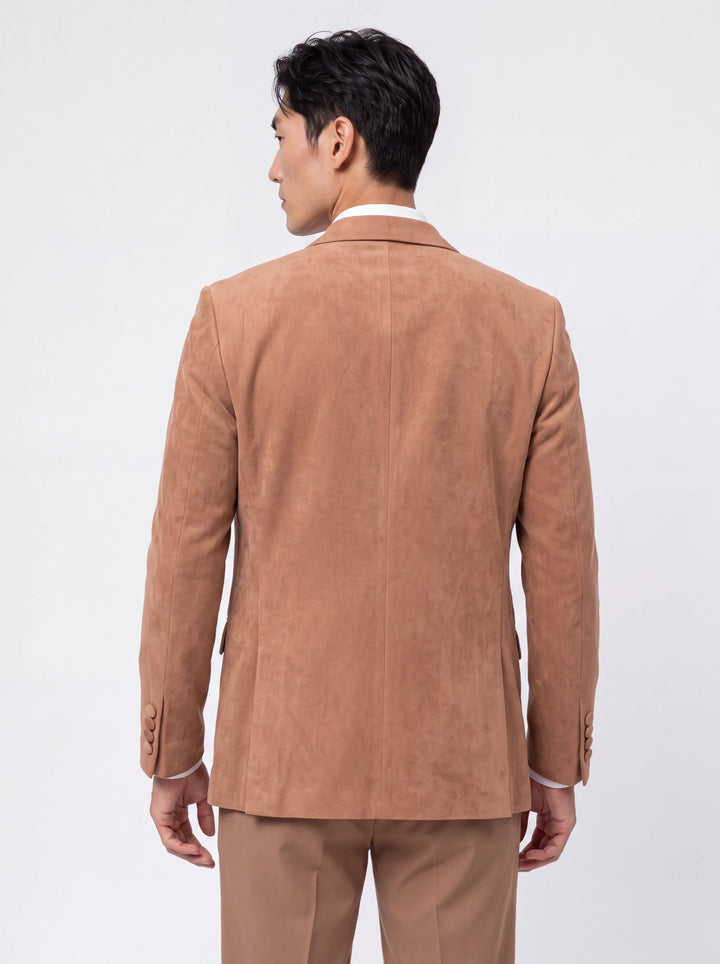 Peach Solid  Slim Fit Lapel Collar Velvet Casual Blazer