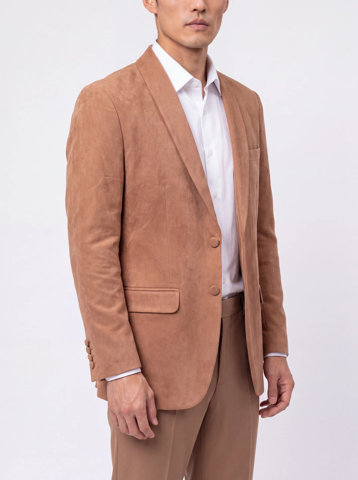 Peach Solid  Slim Fit Lapel Collar Velvet Casual Blazer