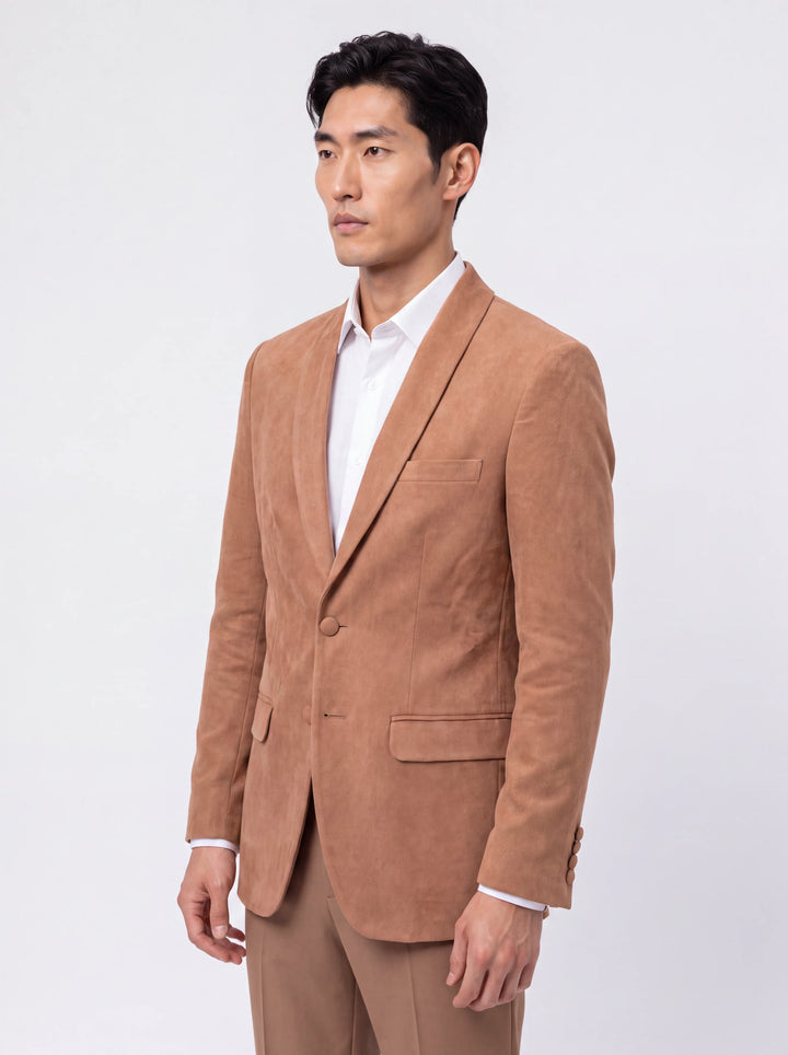 Peach Solid  Slim Fit Lapel Collar Velvet Casual Blazer