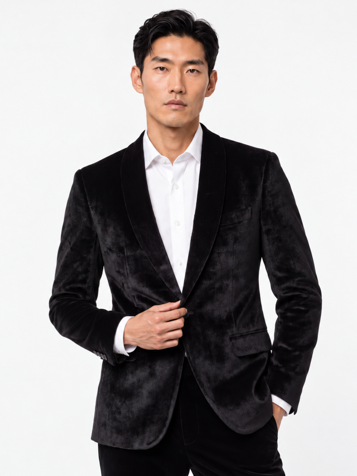 Black Solid  Slim Fit Lapel Collar Velvet Casual Blazer