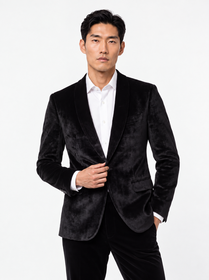 Black Solid  Slim Fit Lapel Collar Velvet Casual Blazer