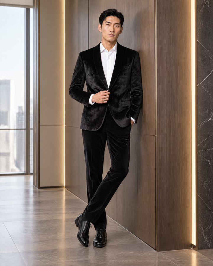 Black Solid  Slim Fit Lapel Collar Velvet Casual Blazer