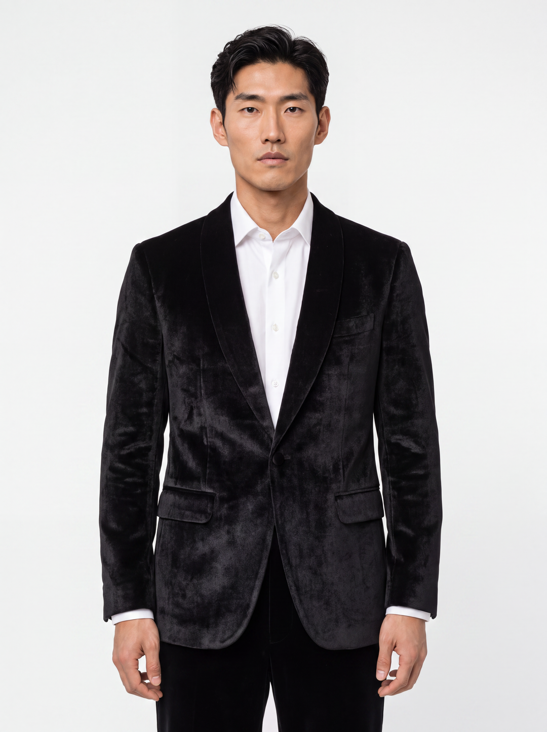 Black Solid  Slim Fit Lapel Collar Velvet Casual Blazer