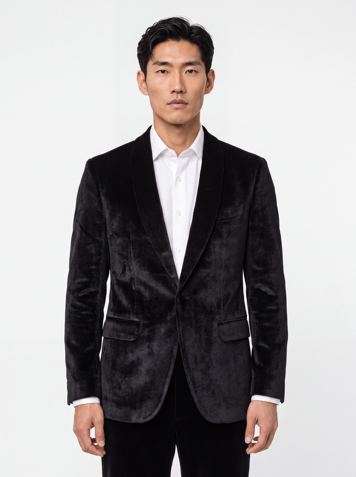 Black Solid  Slim Fit Lapel Collar Velvet Casual Blazer