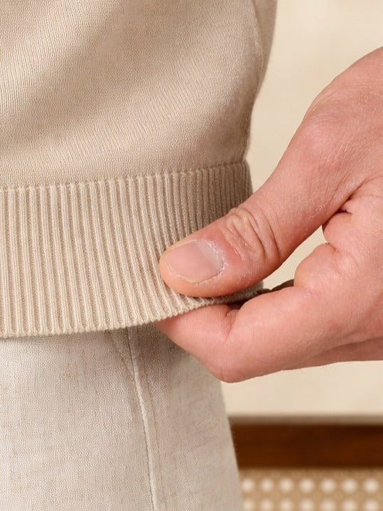 Beige Colour Block Slim Fit Flat Knit Polo T-Shirt